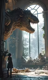 the dragon and woman are in an old, abandoned building