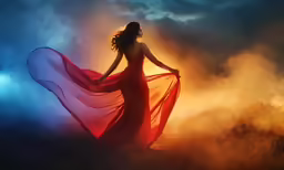 the woman in the red dress is flying around