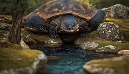 a giant turtle in a field next to a stream