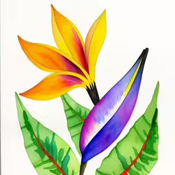 colorful painting on white with colorful flower and green leaves,this is a drawing of two flowers and leaves
