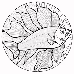 a black and white drawing of a fish in a circle
