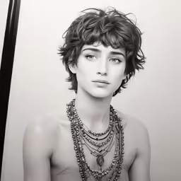 a woman with some beads on her neck