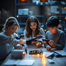a mother and children at a table looking at some digital devices