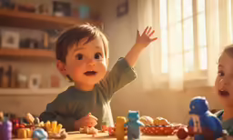 two young children are playing with toys