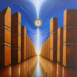 a painting with a clock above an inner city,an oil painting of some sort with a clock,this is an acrylic painting of a hallway,a clock that is sitting on the side of a wall,a painting with a clock and many blocks of red tile