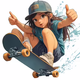 a girl in a baseball cap riding a skateboard