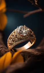 the engagement ring on a tree branch is illuminated by the sunlight