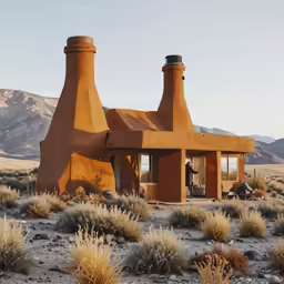 a small adobe style building surrounded by desert plants