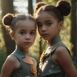 two young girls in dresses stand near each other with frizzled hair