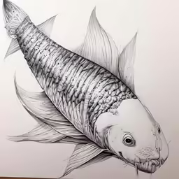 a drawing of a fish with a large head and long fins