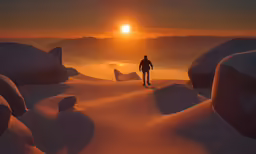 a man stands at the top of a mountain covered with snow and rocks
