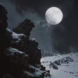a big moon over some rocks in the snow