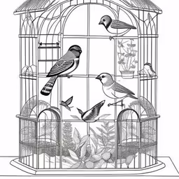a bird cage with birds inside of it,a cage with birds inside and trees surrounding