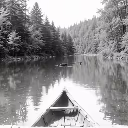 black and white photo of a canoe on the water