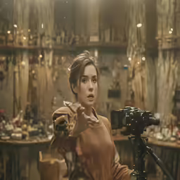 a lady with a camera on her arm