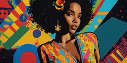 an image of a woman in multi - colored outfits with curly hair,a woman in yellow and blue with a afro