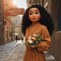 the doll is holding the bouquet of flowers
