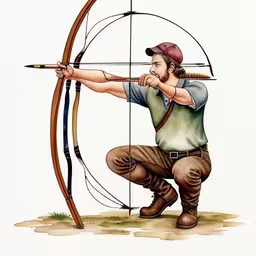 an old man holding a bow and an arrow,a man squatting down and aiming his bow at the target