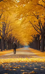 a couple walks down an autumn street with trees in yellow and orange