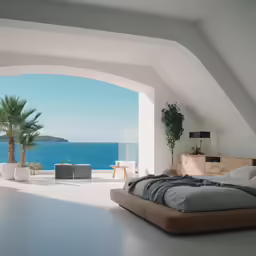 an open bedroom with a view of the ocean