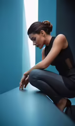 a woman is crouching and posing in black