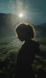 a woman in black standing in the sunlight