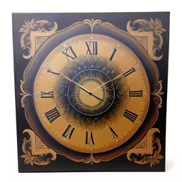 a clock has roman numerals on the face,a black and yellow wall clock on a white background