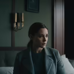 a woman sitting on a bed in a room