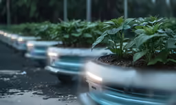 several plants are growing in rows of potted and parked cars