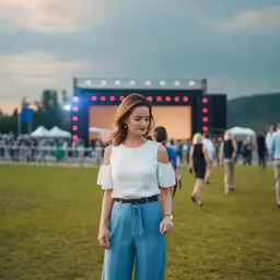 a woman with blue wide pants stands in front of a stage