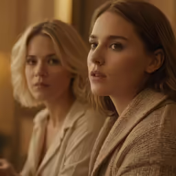 a woman standing next to another women sitting next to each other