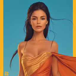 an oriental model with high waist in front of a blue and yellow background