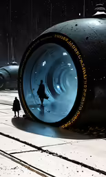 a person walking past a large object that looks like an airplane