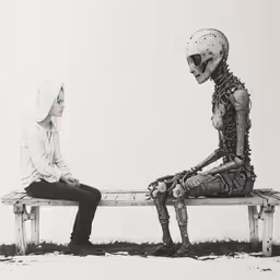 skeleton sitting next to a person on a bench