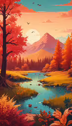 painting of scenic sunset over a mountain river,colorful landscape with a pond and trees with birds in the distance