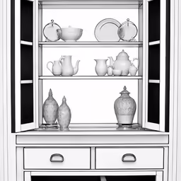 the black and white photo shows several vases on a shelf