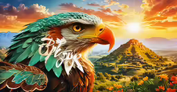 a painting of an eagle and the sun on a beautiful day