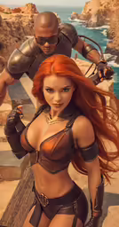 a sexy redheaded woman is standing by a man