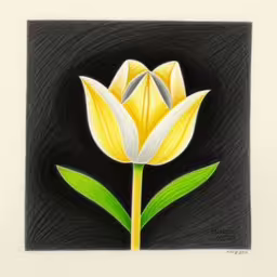 an image of a drawing of a flower,a yellow tulip painting on black and white paper,a painting of yellow flowers is displayed on a black background,a pencil drawing of two yellow flowers,a drawing of yellow and white flowers with green leaves