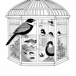 the bird in the cage is looking in,birds are perched in a cage outside