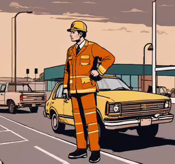 there is a person wearing an orange uniform standing near a car,an illustration of a man in the road next to his car
