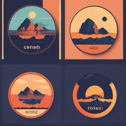 various circular badges with a mountain in the background,some circular badges with the name of three different mountains