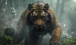 a tiger walking through the jungle in the rain