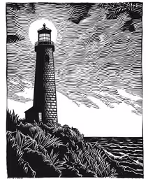 an ink drawing of a lighthouse by the ocean,a drawing of a lighthouse on top of rocks