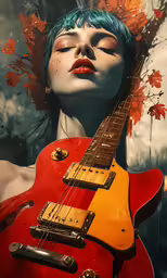 a woman has her face pressed over by a guitar