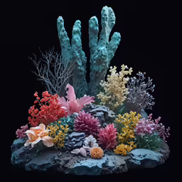 coral and sea anemones on the rocks, black background
