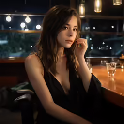 an attractive woman posing on the bar for a portrait