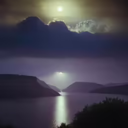 the sun is rising over some mountains and a lake