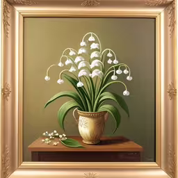 an oil painting of flowers on a wooden surface,an oil painting of lily of the valley in a vase,a painting of flowers is shown on the table,a vase full of flowers in a framed picture,a painting of flowers sitting in a flower pot