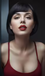 a beautiful woman in red tank top and dark hair